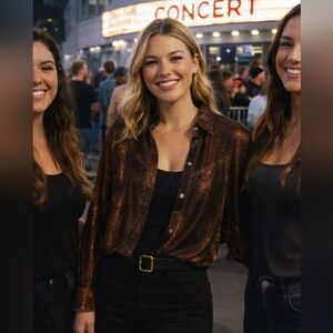 Lorraine Wardy Brown Copper Metallic Western Sheer Blouse Cowgirl XS